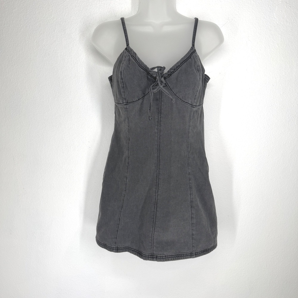 Hollister Faded Black Denim Mini Dress Keyhole Tie Front Spaghetti Strap S Y2K
